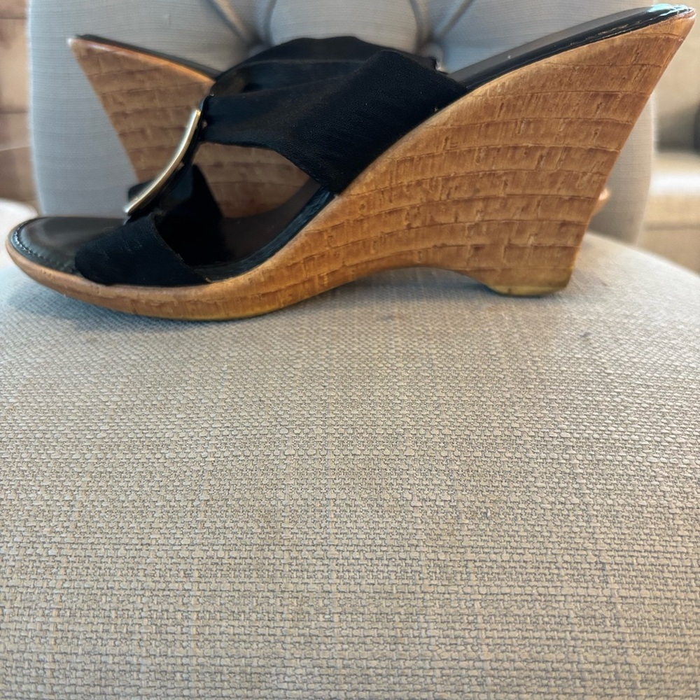 Black and Tan Wedge Sandals with Gold Accent